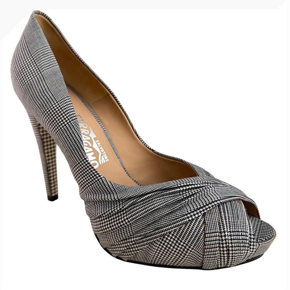 Salvatore Ferragamo Glen Plaid Peep Toe Pumps Black White Stiletto Heels 10B
